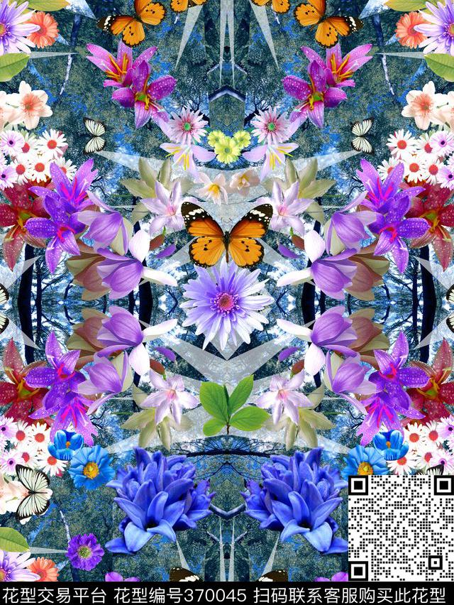 复古蝴蝶植物数码印花华亿平台下载（图片编号: 370045） - 瓦栏（Walan）