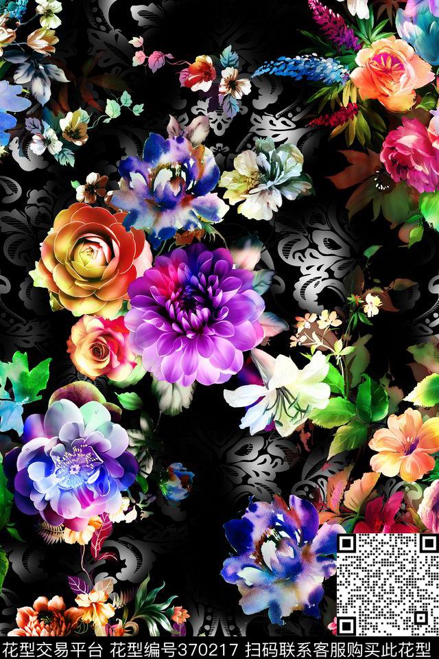 花卉黑底高端原创数码印花华亿平台下载（图片编号: 370217） - 瓦栏（Walan）