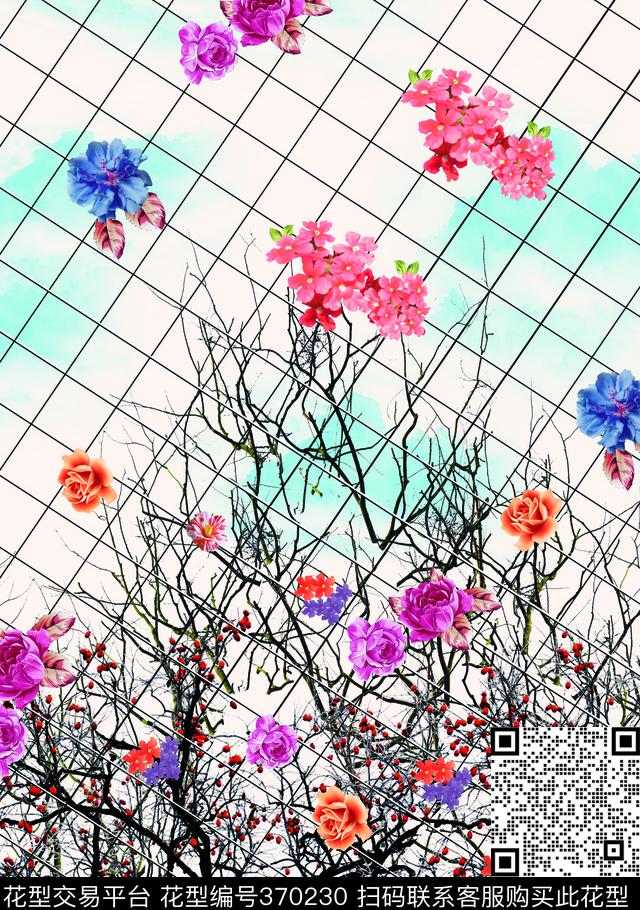 格子花卉时尚花卉数码印花华亿平台下载（图片编号: 370230） - 瓦栏（Walan）