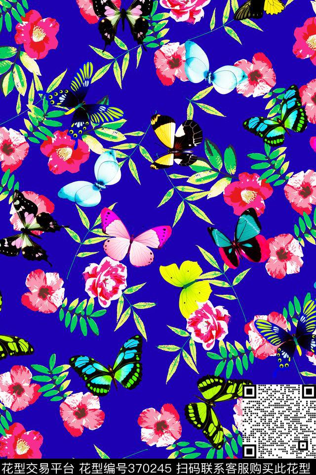 蝴蝶手绘花卉欧美潮流数码印花华亿平台下载（图片编号: 370245） - 瓦栏（Walan）