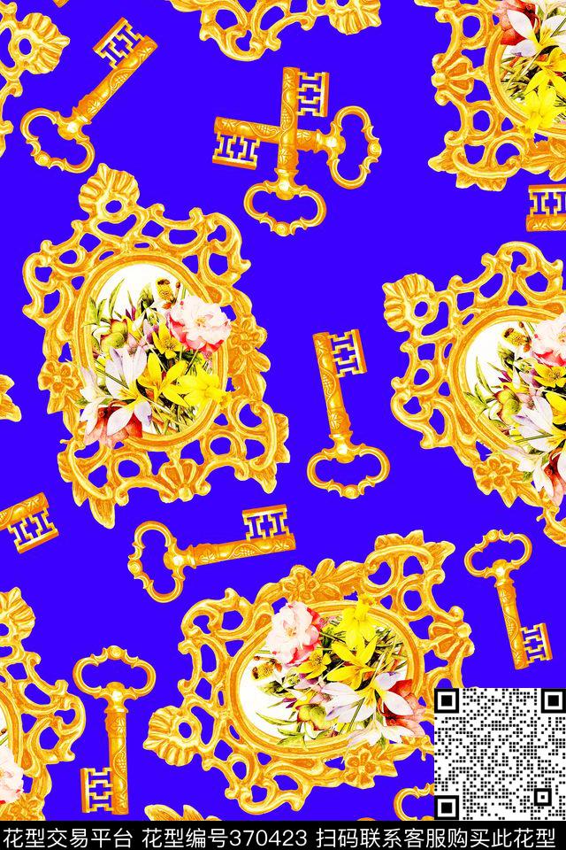 欧式镜框手绘花卉黄金钥匙数码印花华亿平台下载（图片编号: 370423） - 瓦栏（Walan）