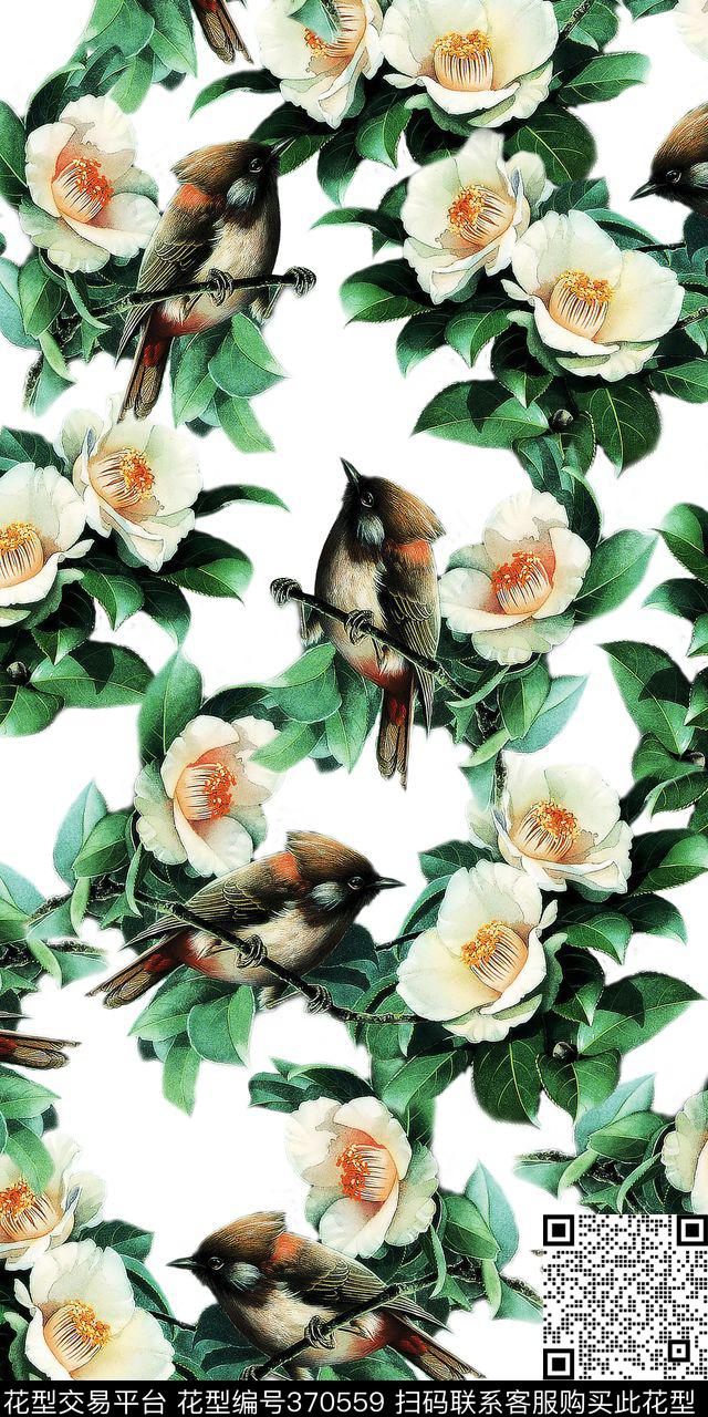 时尚小鸟手绘花卉数码印花华亿平台下载（图片编号: 370559） - 瓦栏（Walan）