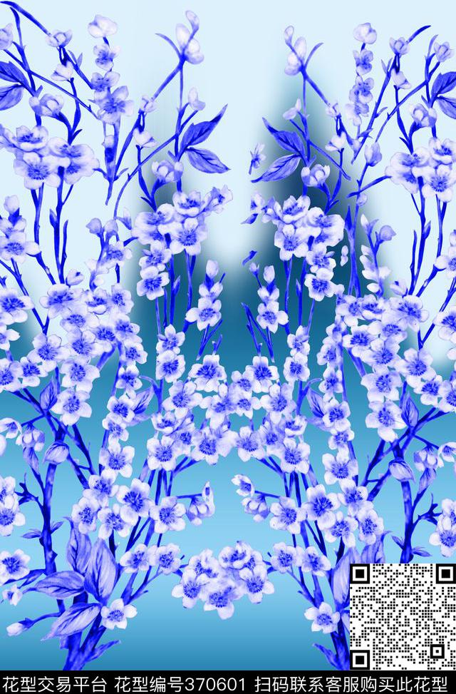 流行风青花色桃花数码印花华亿平台下载（图片编号: 370601） - 瓦栏（Walan）
