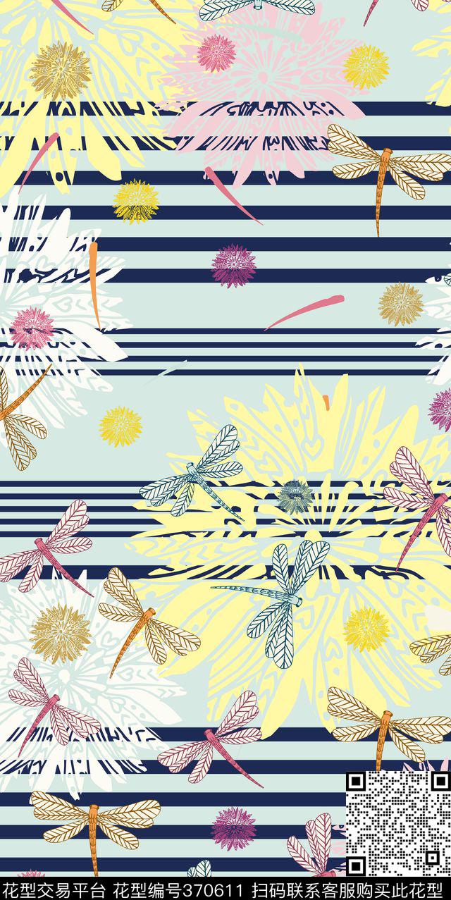 田园蜻蜓艺术图案传统印花华亿平台下载（图片编号: 370611） - 瓦栏（Walan）