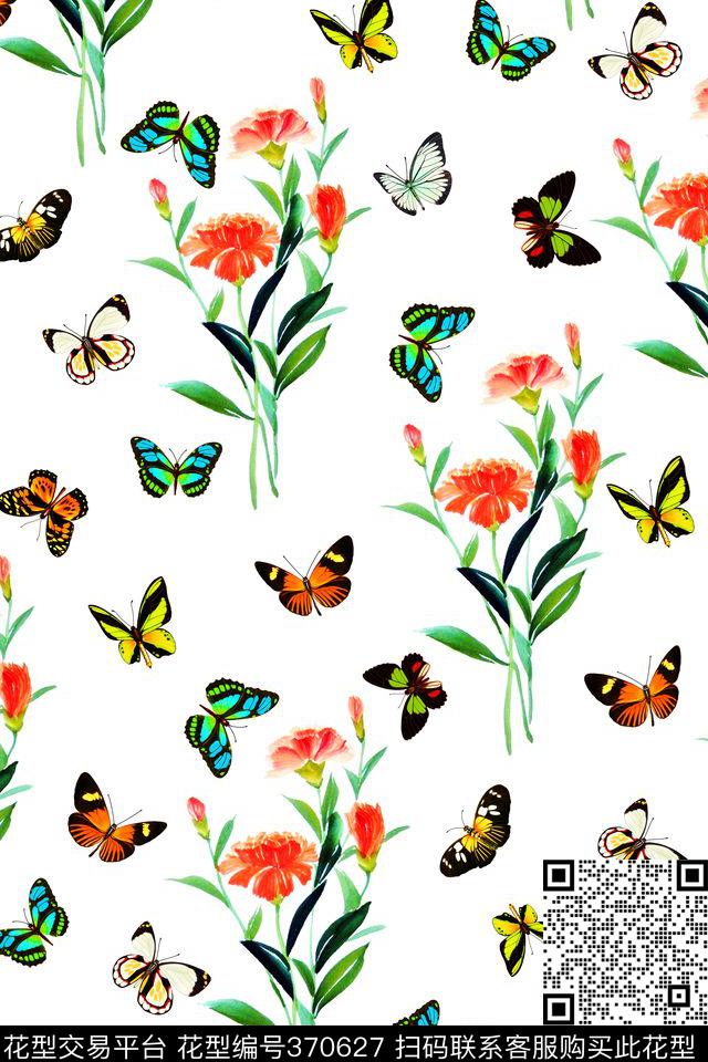 蝴蝶手绘花卉清爽色数码印花华亿平台下载（图片编号: 370627） - 瓦栏（Walan）
