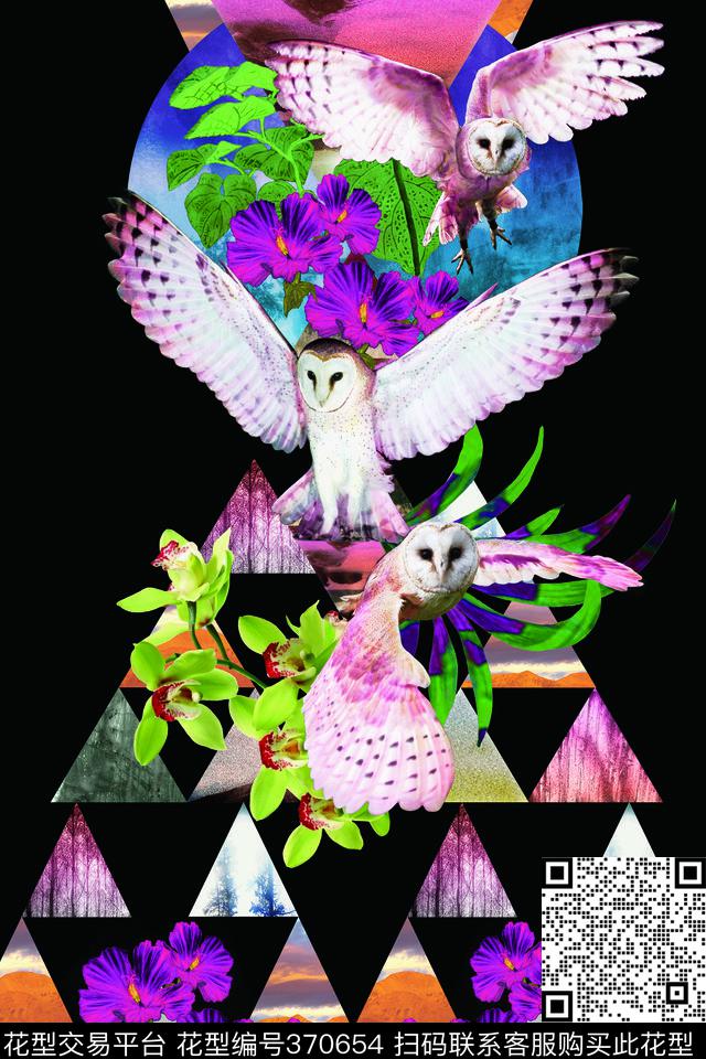 数码定位猫头鹰几何花卉数码印花华亿平台下载（图片编号: 370654） - 瓦栏（Walan）