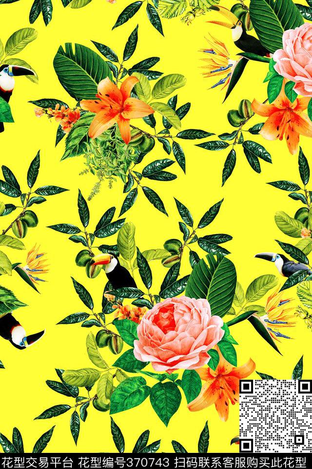 热带风情巨嘴鹦鹉花鸟数码印花华亿平台下载（图片编号: 370743） - 瓦栏（Walan）