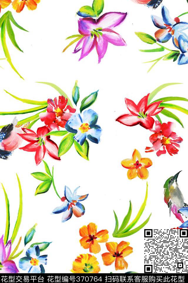手绘花卉鸟数码印花华亿平台下载（图片编号: 370764） - 瓦栏（Walan）