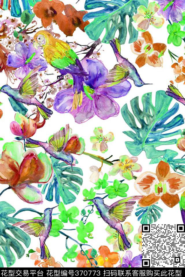 小鸟花卉数码印花华亿平台下载（图片编号: 370773） - 瓦栏（Walan）
