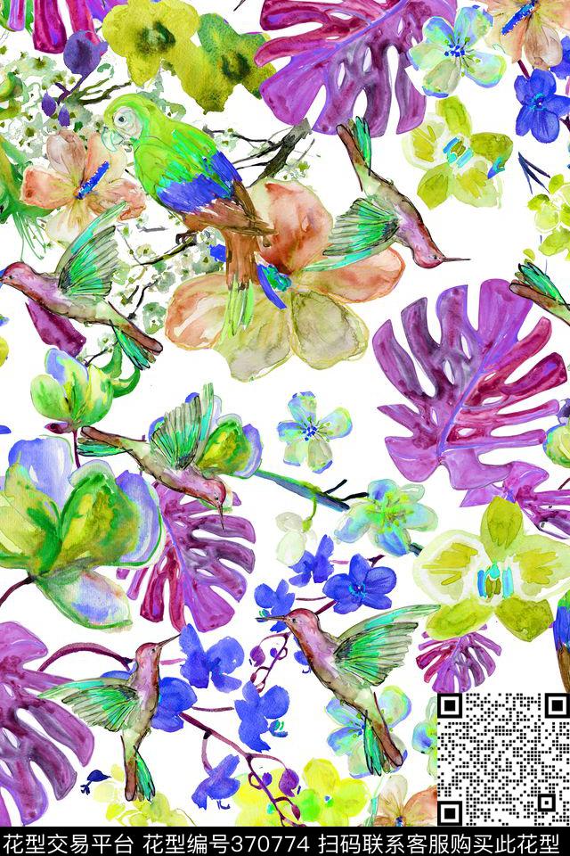 小鸟花卉数码印花华亿平台下载（图片编号: 370774） - 瓦栏（Walan）