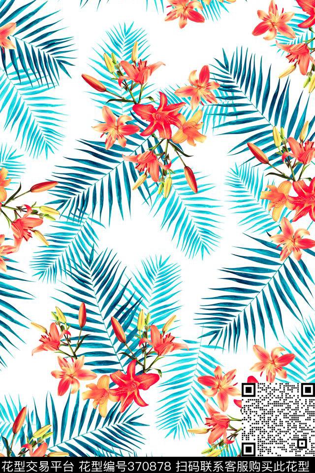 热带风情百合花棕榈叶数码印花华亿平台下载（图片编号: 370878） - 瓦栏（Walan）