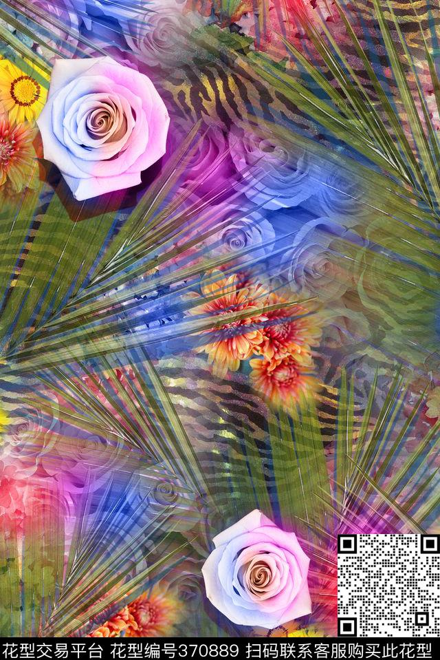 热带棕榈叶花卉类组合数码印花华亿平台下载（图片编号: 370889） - 瓦栏（Walan）
