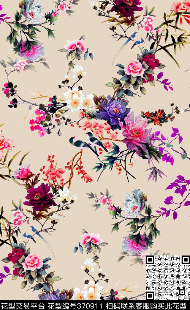 花卉紫色数码印花华亿平台下载（图片编号: 370911） - 瓦栏（Walan）