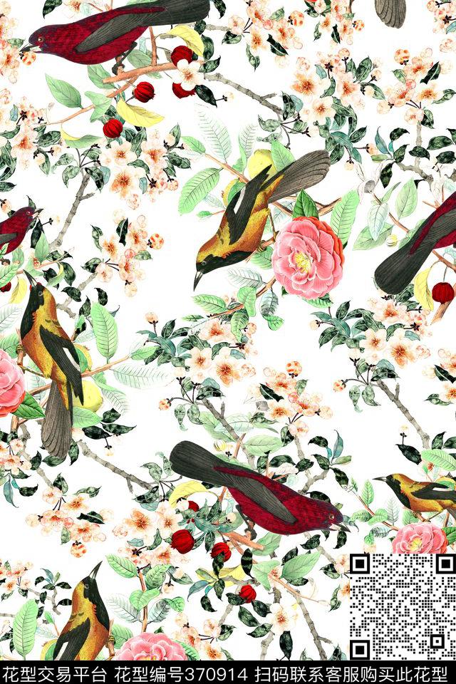 写意花鸟树枝数码印花华亿平台下载（图片编号: 370914） - 瓦栏（Walan）