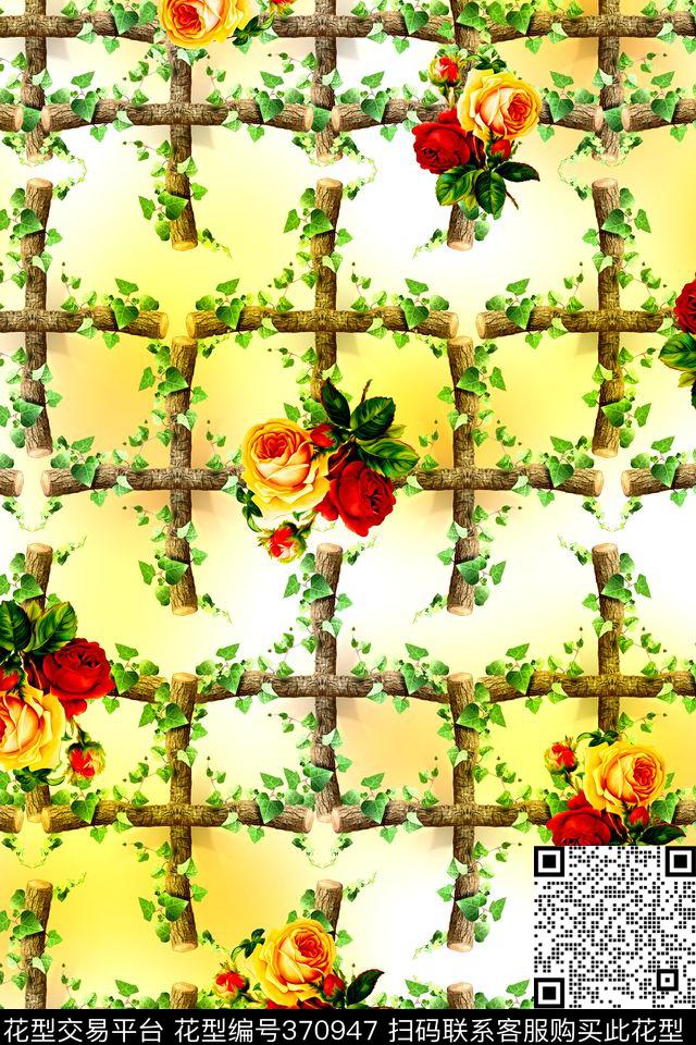 花卉格纹树枝数码印花华亿平台下载（图片编号: 370947） - 瓦栏（Walan）