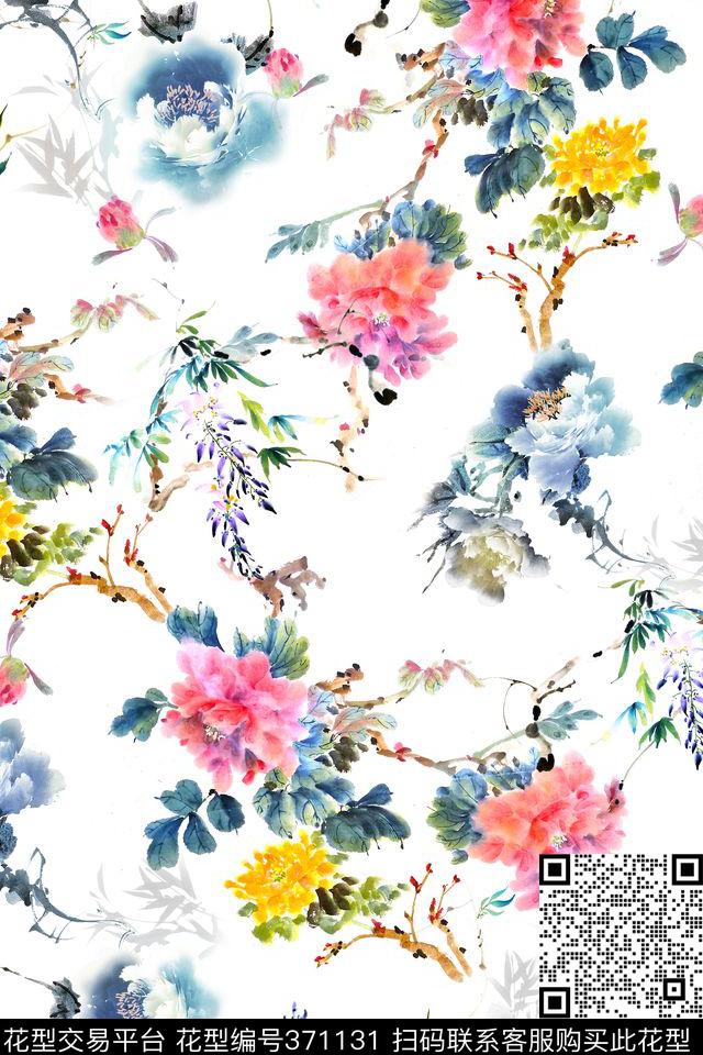 素雅国画牡丹数码印花华亿平台下载（图片编号: 371131） - 瓦栏（Walan）