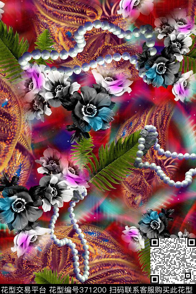 手绘花多彩底数码数码印花华亿平台下载（图片编号: 371200） - 瓦栏（Walan）