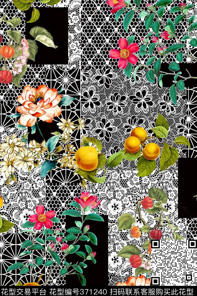 蕾丝黑白几何数码印花华亿平台下载（图片编号: 371240） - 瓦栏（Walan）