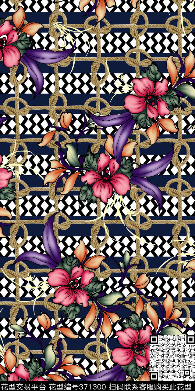 复古几何喷绘花卉数码印花华亿平台下载（图片编号: 371300） - 瓦栏（Walan）