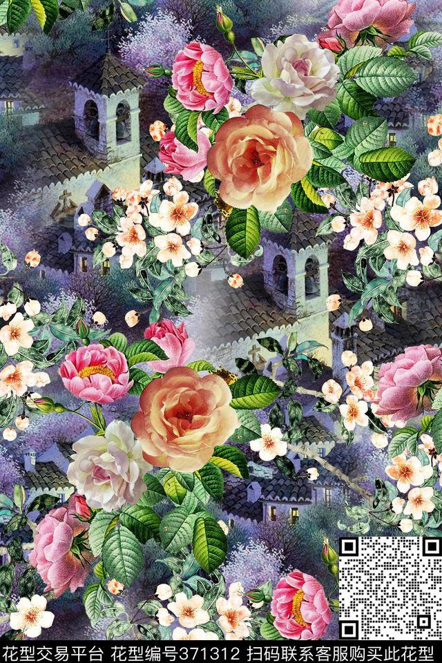 欧式房子花卉数码印花华亿平台下载（图片编号: 371312） - 瓦栏（Walan）