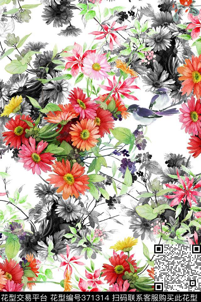 小清新手绘菊花数码印花华亿平台下载（图片编号: 371314） - 瓦栏（Walan）