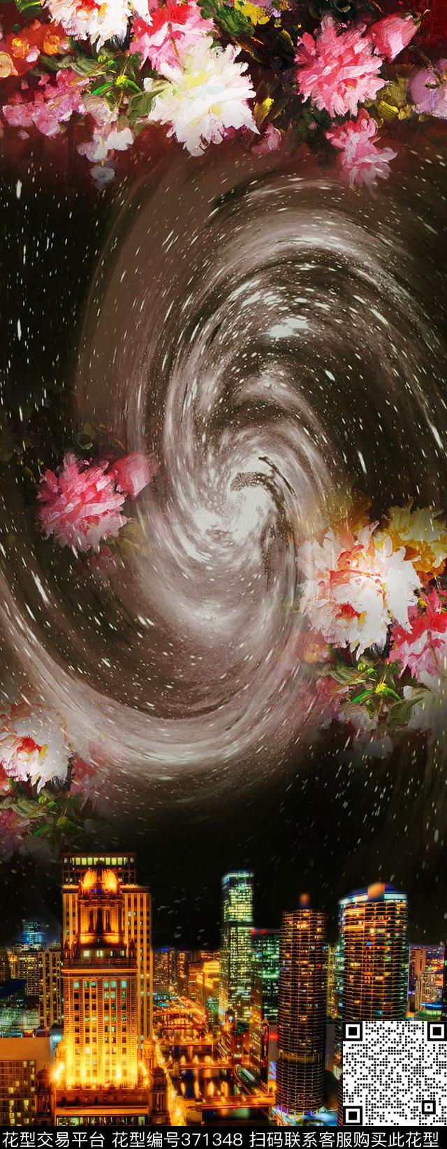 田园建筑与花卉围巾华亿平台数码印花华亿平台下载（图片编号: 371348） - 瓦栏（Walan）