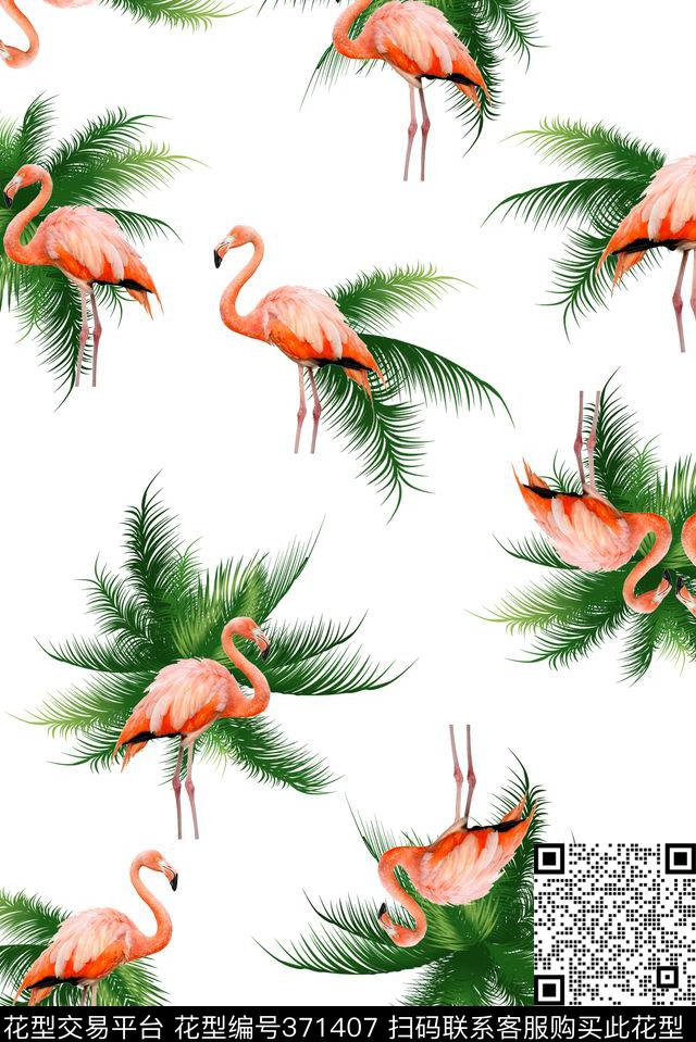 火烈鸟热带植物树叶数码印花华亿平台下载（图片编号: 371407） - 瓦栏（Walan）