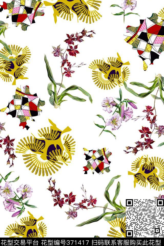 几何植物花多彩格子数码印花华亿平台下载（图片编号: 371417） - 瓦栏（Walan）