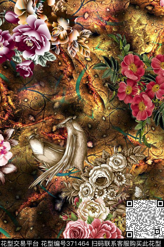 炫彩复古鸟手绘植物花数码印花华亿平台下载（图片编号: 371464） - 瓦栏（Walan）
