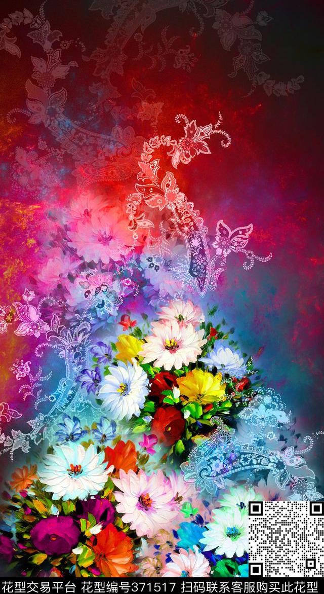花卉油画花卉佩斯利数码印花华亿平台下载（图片编号: 371517） - 瓦栏（Walan）