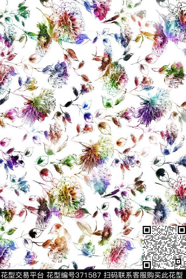 文艺水彩小花梦幻数码印花华亿平台下载（图片编号: 371587） - 瓦栏（Walan）