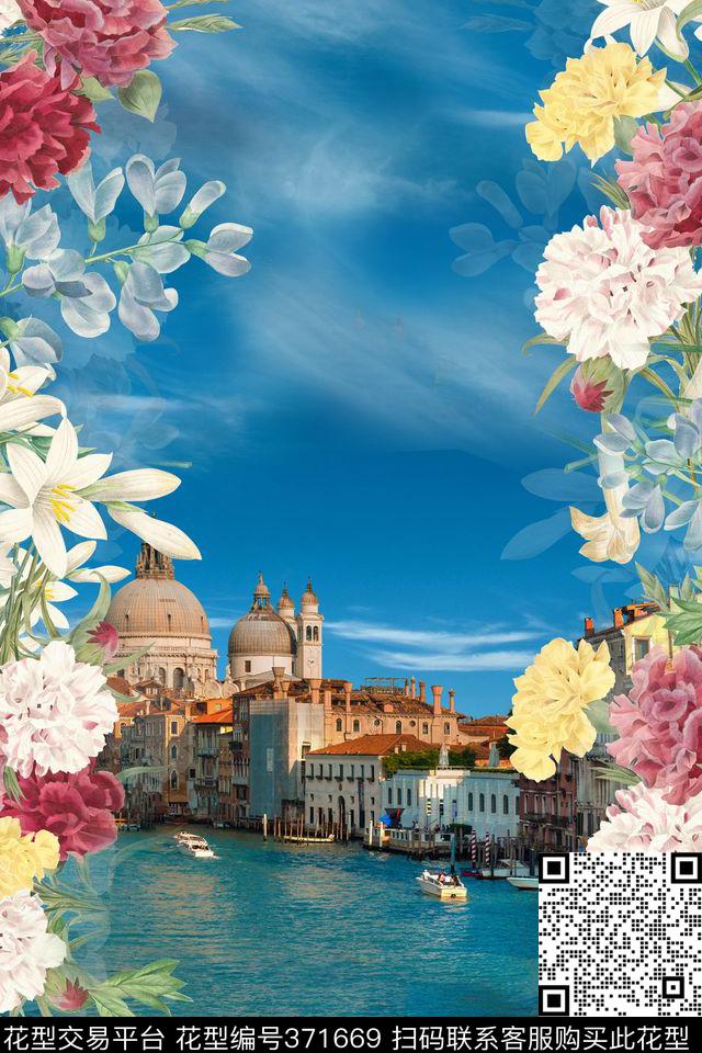 欧式建筑花卉数码印花华亿平台下载（图片编号: 371669） - 瓦栏（Walan）
