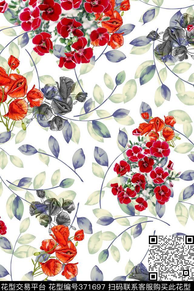 叶子水墨红花数码印花华亿平台下载（图片编号: 371697） - 瓦栏（Walan）