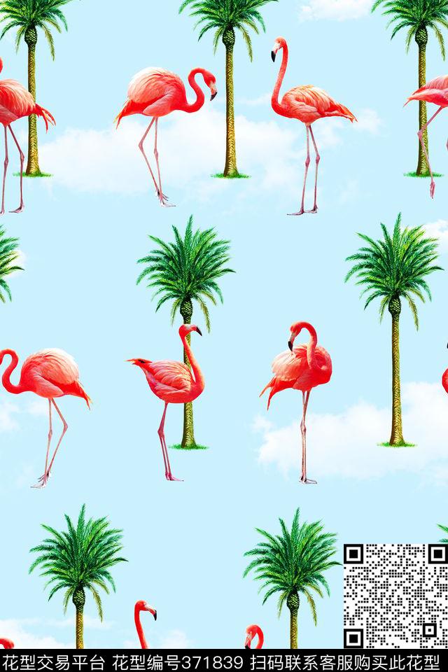 火烈鸟棕榈树热带风情数码印花华亿平台下载（图片编号: 371839） - 瓦栏（Walan）