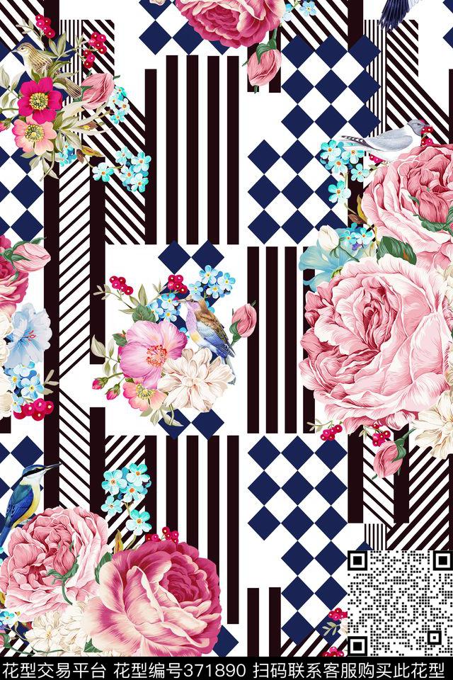 方格几何花卉手绘鸟数码印花华亿平台下载（图片编号: 371890） - 瓦栏（Walan）