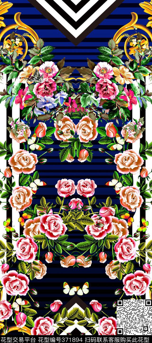 服装复古几何条纹高端花卉数码印花华亿平台下载（图片编号: 371894） - 瓦栏（Walan）