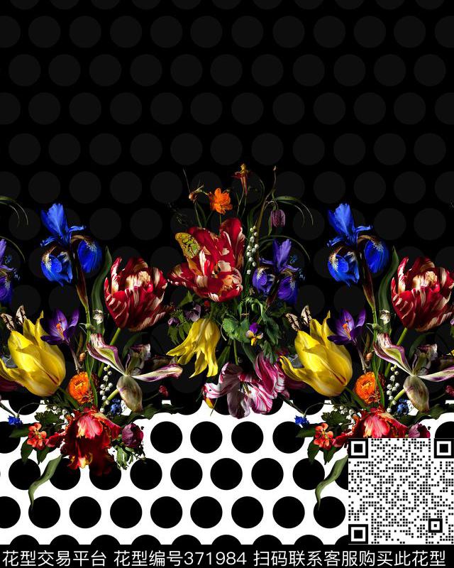 写实花卉圆点黑底数码印花华亿平台下载（图片编号: 371984） - 瓦栏（Walan）