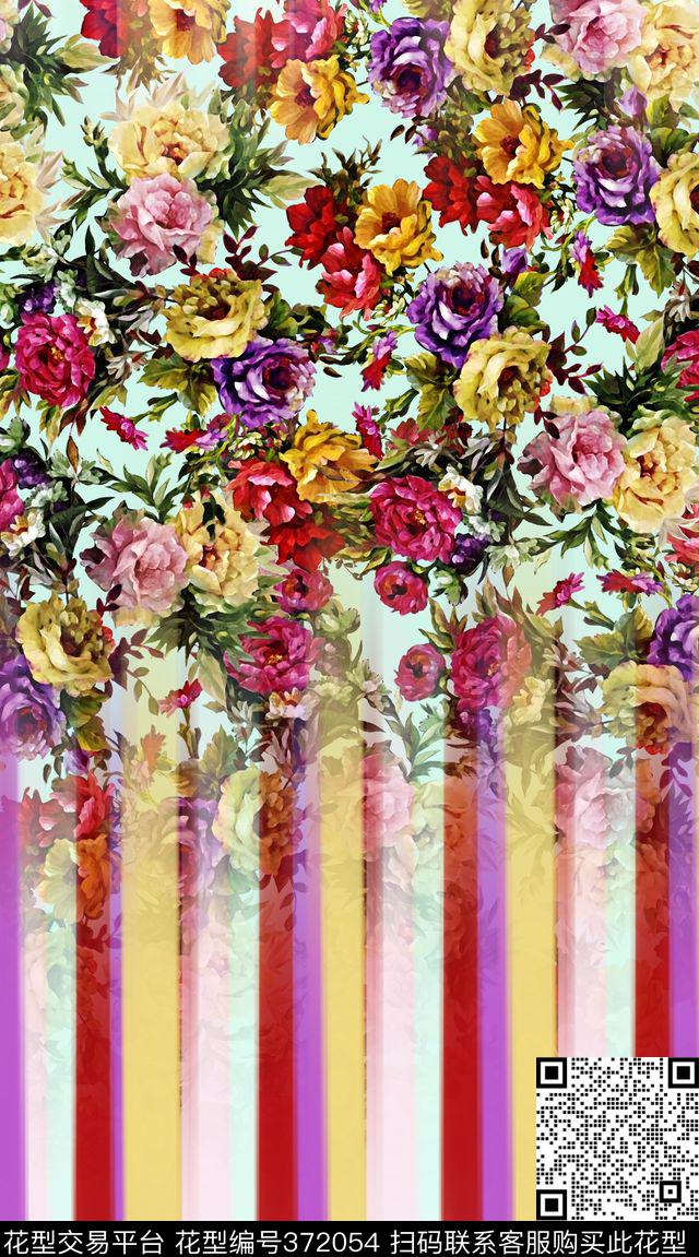 定位水彩花卉水彩花卉、条纹数码印花华亿平台下载（图片编号: 372054） - 瓦栏（Walan）