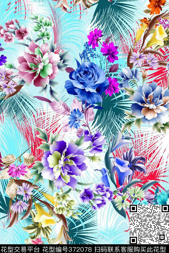 热带手绘花花卉数码印花华亿平台下载（图片编号: 372078） - 瓦栏（Walan）