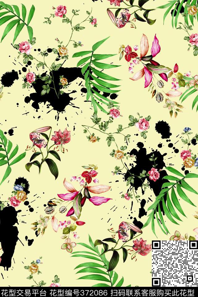 花卉叶子水墨点数码印花华亿平台下载（图片编号: 372086） - 瓦栏（Walan）