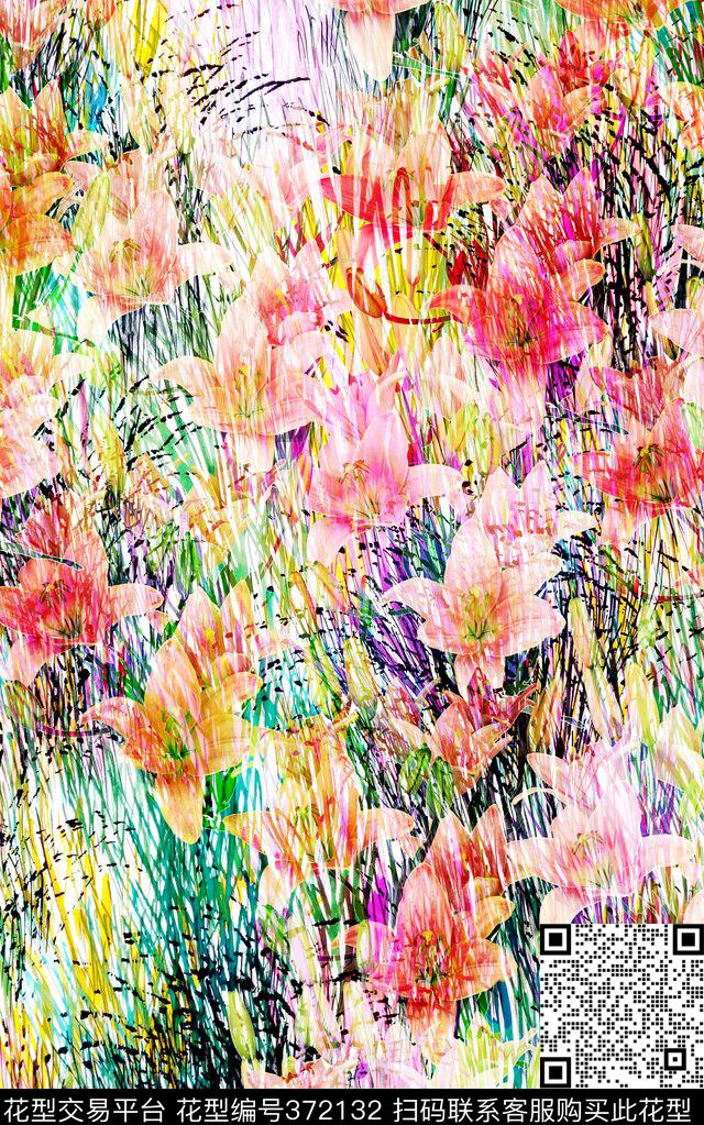 百合花卉草丛数码印花华亿平台下载（图片编号: 372132） - 瓦栏（Walan）