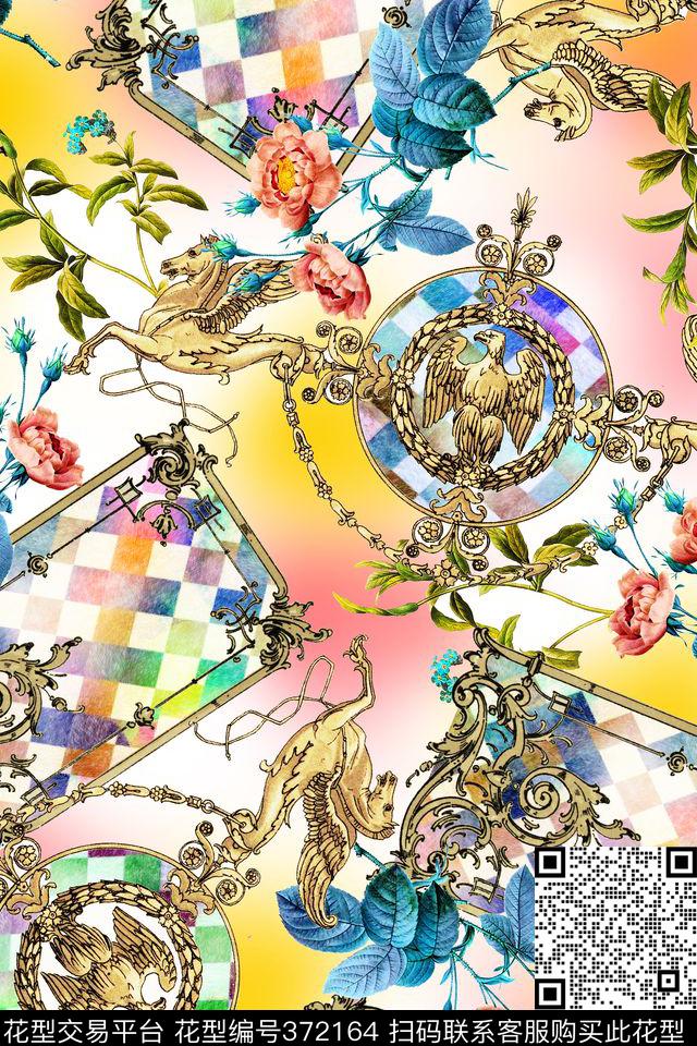 格子花卉欧式花纹数码印花华亿平台下载（图片编号: 372164） - 瓦栏（Walan）