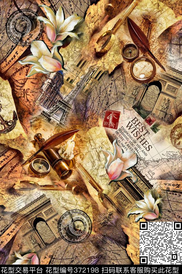 航海地图欧式建筑复古数码印花华亿平台下载（图片编号: 372198） - 瓦栏（Walan）