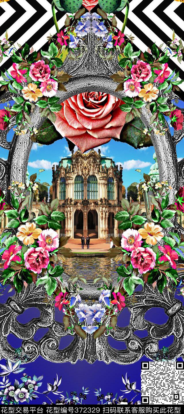 服装高端定位欧式框架几何花卉数码印花华亿平台下载（图片编号: 372329） - 瓦栏（Walan）