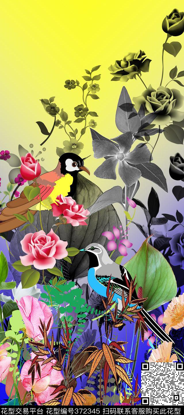 服装鸟类手绘矢量植物数码印花华亿平台下载（图片编号: 372345） - 瓦栏（Walan）