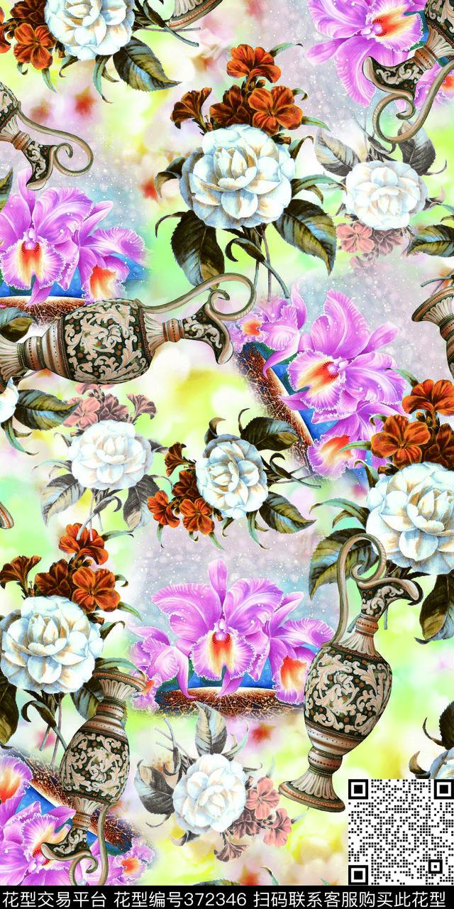 时尚花花瓶花卉数码印花华亿平台下载（图片编号: 372346） - 瓦栏（Walan）