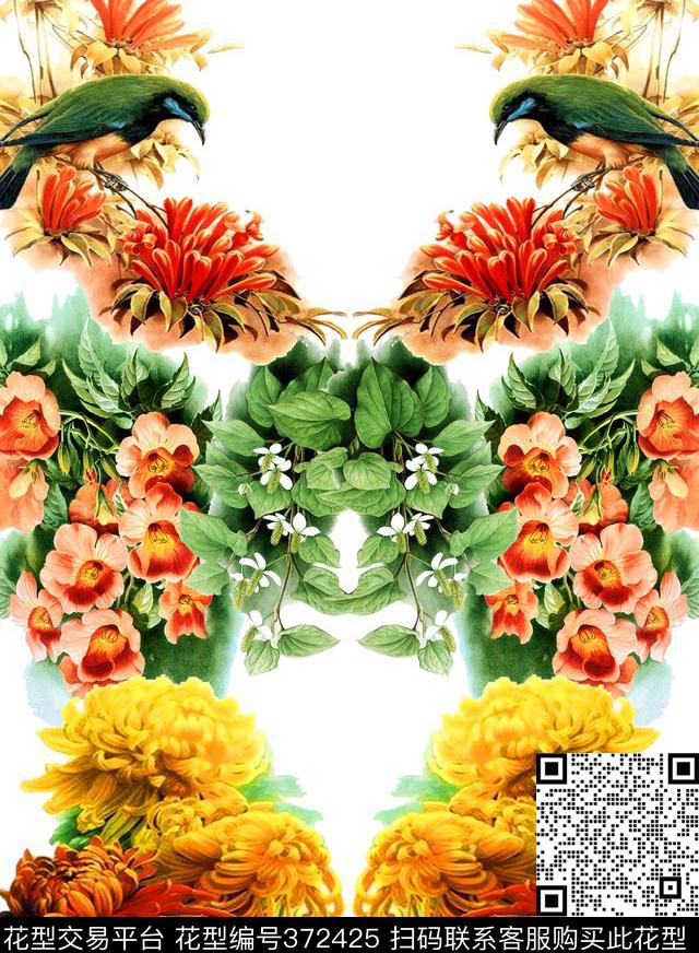 花鸟对称数码印花华亿平台下载（图片编号: 372425） - 瓦栏（Walan）