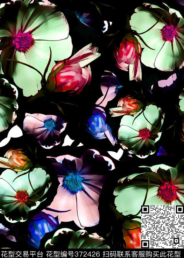 黑底花卉多彩数码印花华亿平台下载（图片编号: 372426） - 瓦栏（Walan）