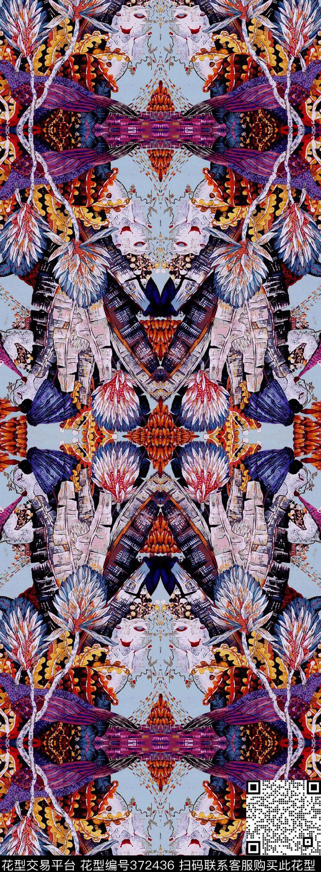 对称民族手绘数码印花华亿平台下载（图片编号: 372436） - 瓦栏（Walan）