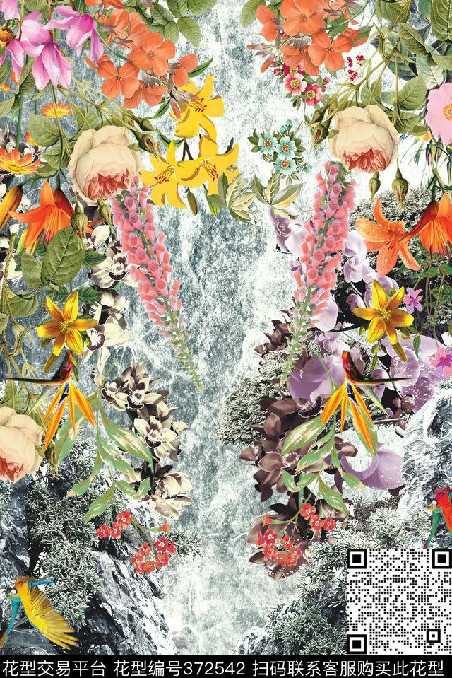 花卉小鸟岩石定位花花卉数码印花华亿平台下载（图片编号: 372542） - 瓦栏（Walan）